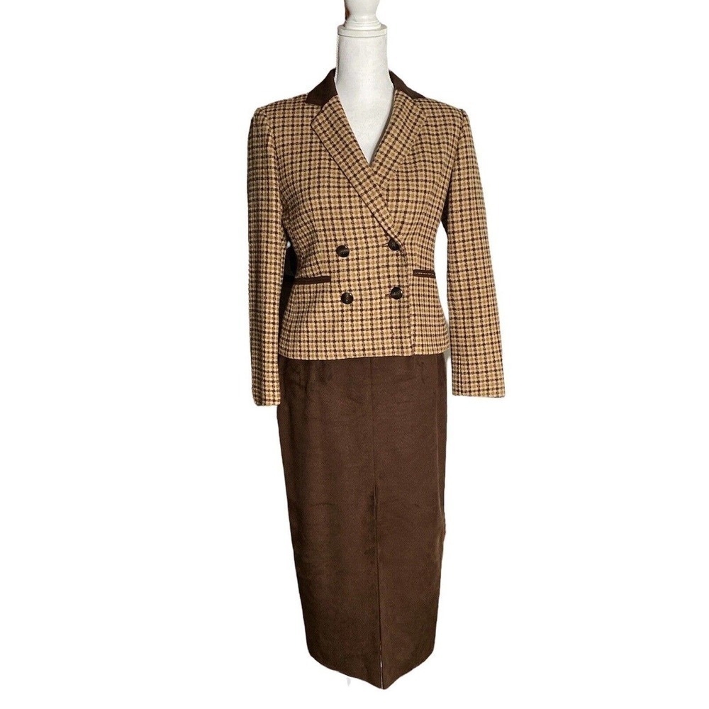 Jones New York 2 Piece SZ 4P Skirt Suit Wool Plaid Brown